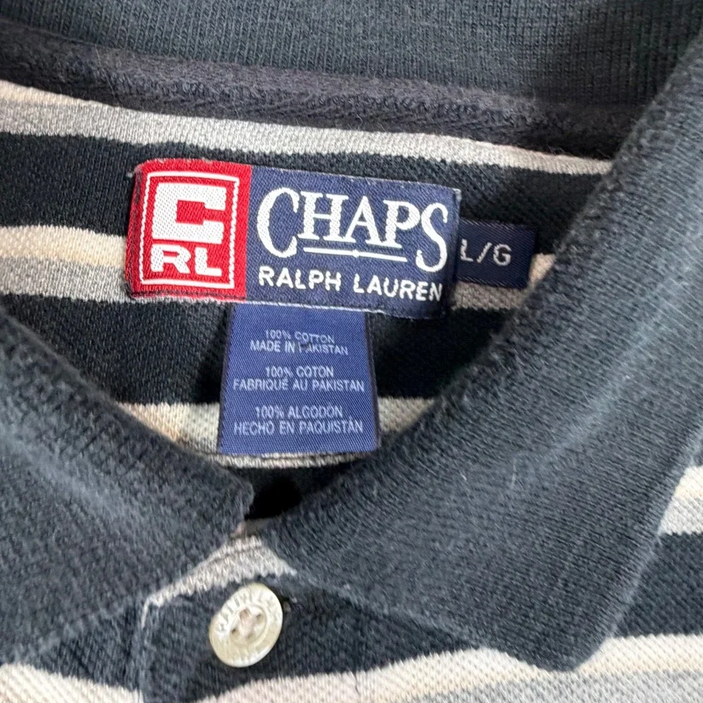 Chaps Ralph Lauren Mens Size L Large Black White Striped Cotton Pique Polo Shirt